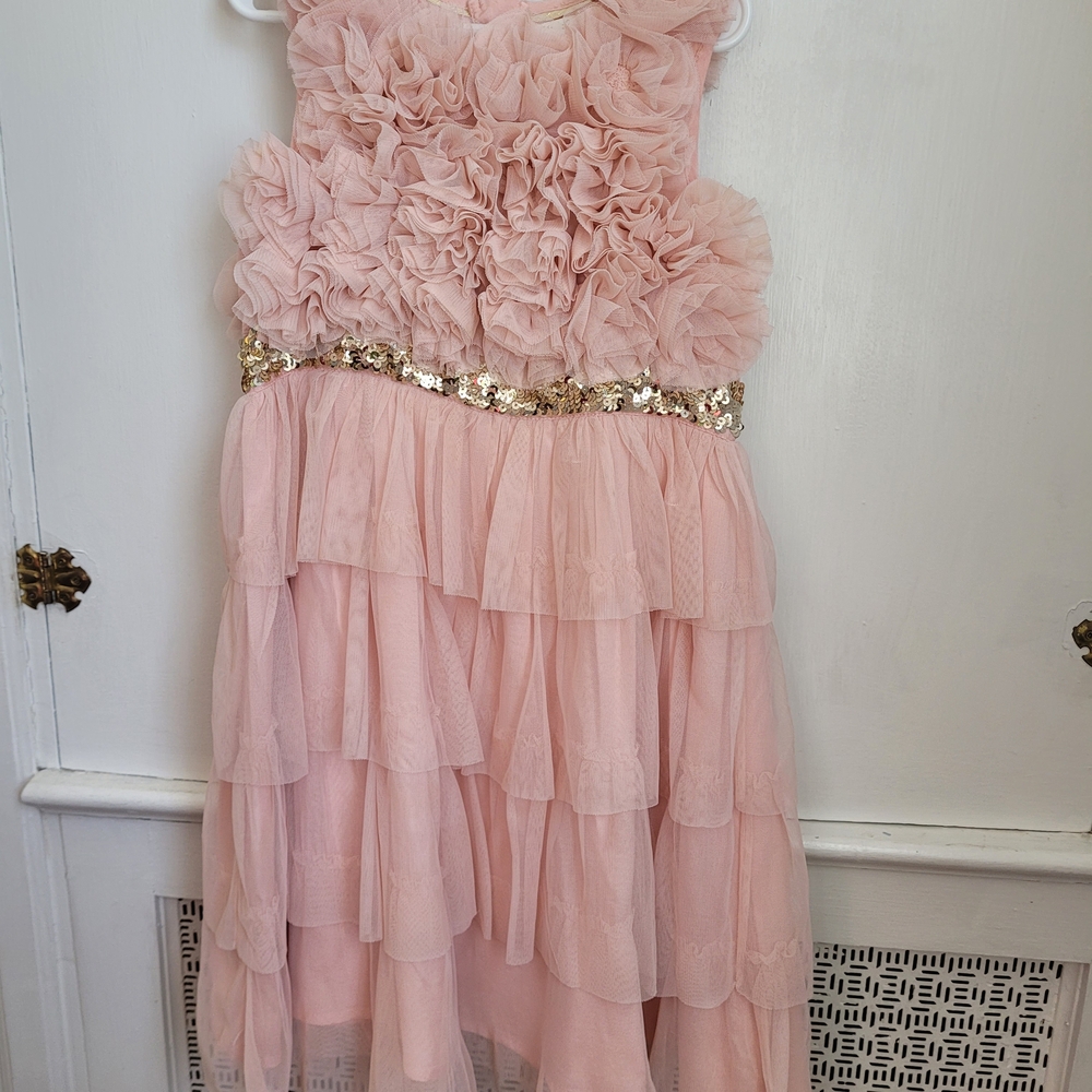 Mini Boden Pink Ruffled Dress with Gold Accents Size 6/7